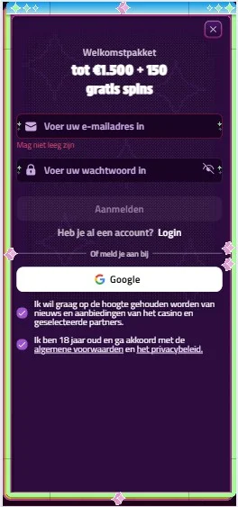 Retrozino Casino Registratie stap